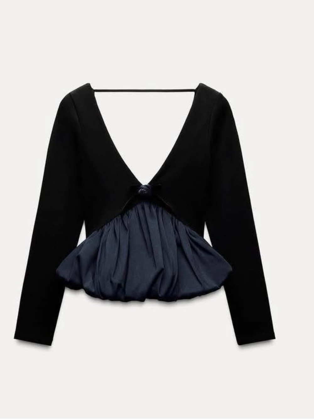 ZARA Navy Blue & Black Rose Front Bubble Hem Top, size L